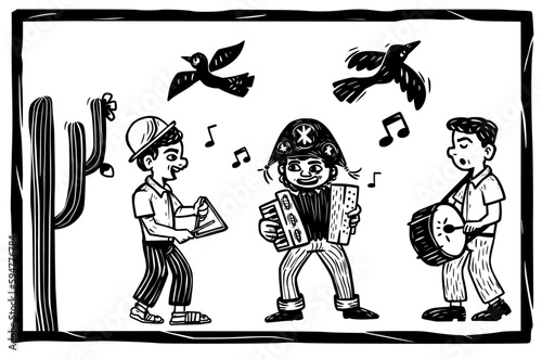 Trio of typical musicians from the northeast of Brazil. Accordion player, triangle and zabumba. Separated vectors in woodcut style.