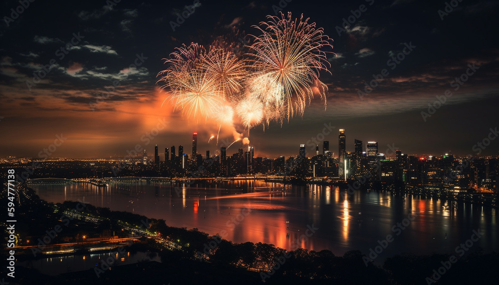 Illuminated cityscape explodes in vibrant firework celebration generated by AI