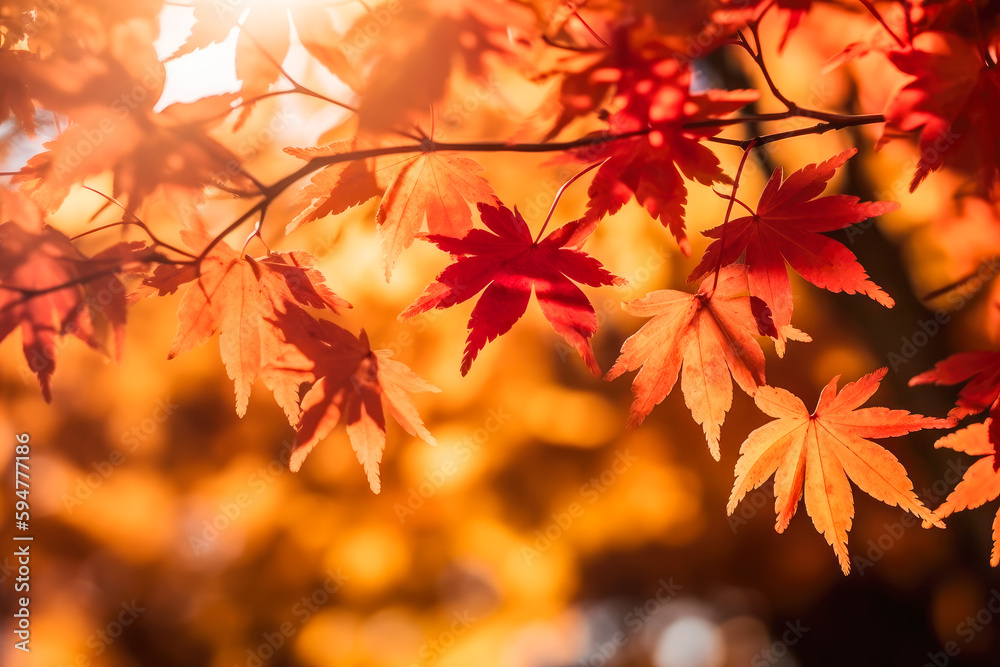 Beautiful maple leaves in autumn sunny day in foreground and blurry background. Generative AI.