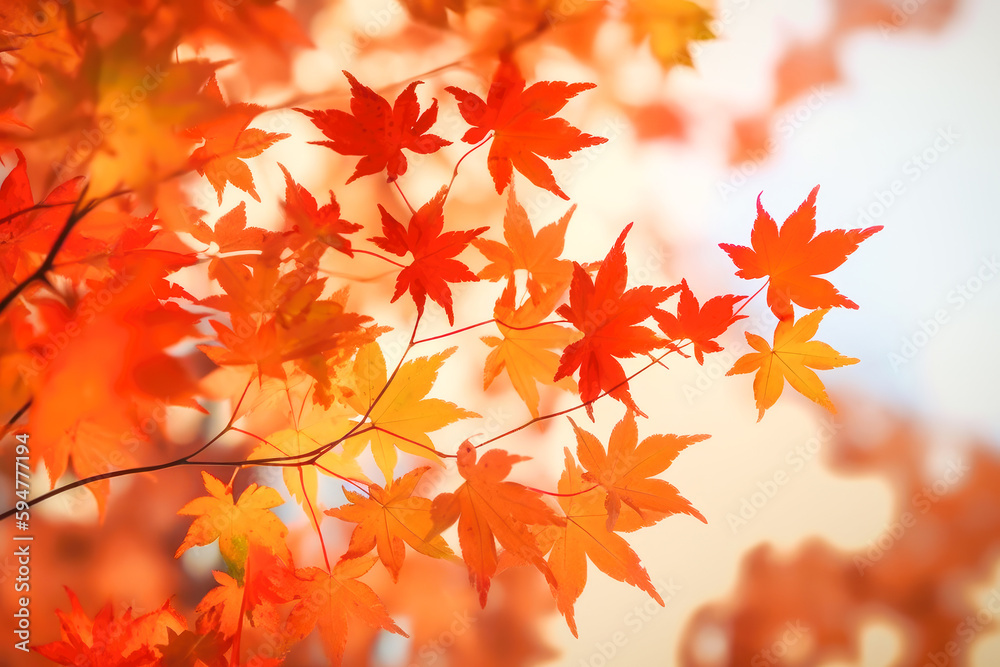 Beautiful maple leaves in autumn sunny day in foreground and blurry background. Generative AI.