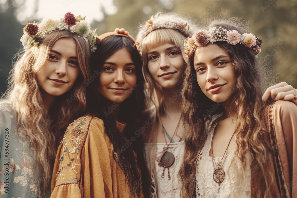 Fototapeta premium Portrait of a group of young beautiful women, dressed in the hippi clothes, Generative ai