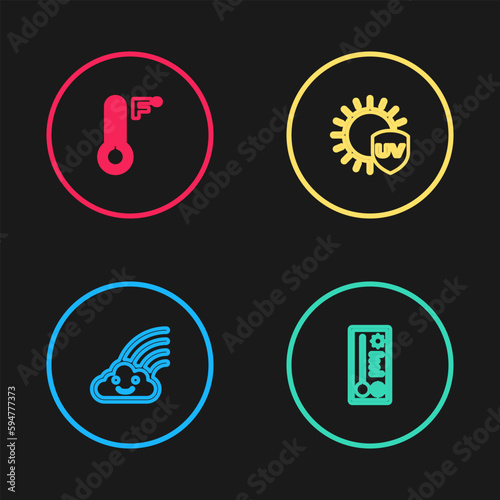 Set line Rainbow with cloud, Meteorology thermometer, UV protection and icon. Vector