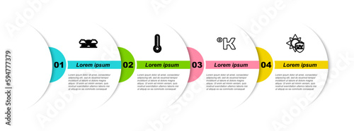 Set line Rainbow with clouds, Meteorology thermometer, Kelvin and UV protection. Business infographic template. Vector