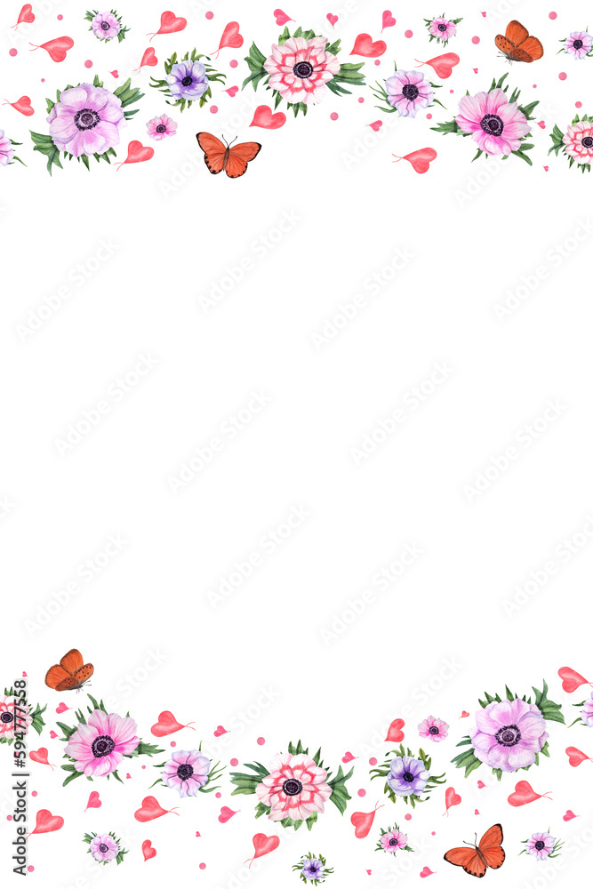 Watercolor celebration rectangle card with anemones, butterflies, hearts isolated on transparent background . Illustration for greeting, birthday card design, invitation template, party decoration Watercolor celebration rectangle card with anemones, butterflies, hearts isolated on transparent background . Illustration for greeting, birthday card design, invitation template, party decoration