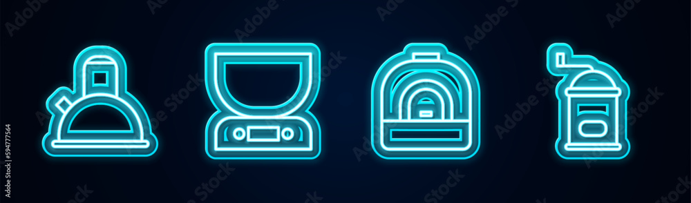Set line Kettle with handle, Electronic scales, Oven and Manual coffee grinder. Glowing neon icon. Vector Set line Kettle with handle, Electronic scales, Oven and Manual coffee grinder. Glowing neon icon. Vector