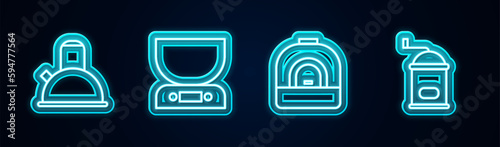 Set line Kettle with handle, Electronic scales, Oven and Manual coffee grinder. Glowing neon icon. Vector