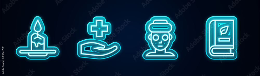 Set line Aroma candle, Cross hospital medical, Facial cosmetic mask and Medical book. Glowing neon icon. Vector Set line Aroma candle, Cross hospital medical, Facial cosmetic mask and Medical book. Glowing neon icon. Vector