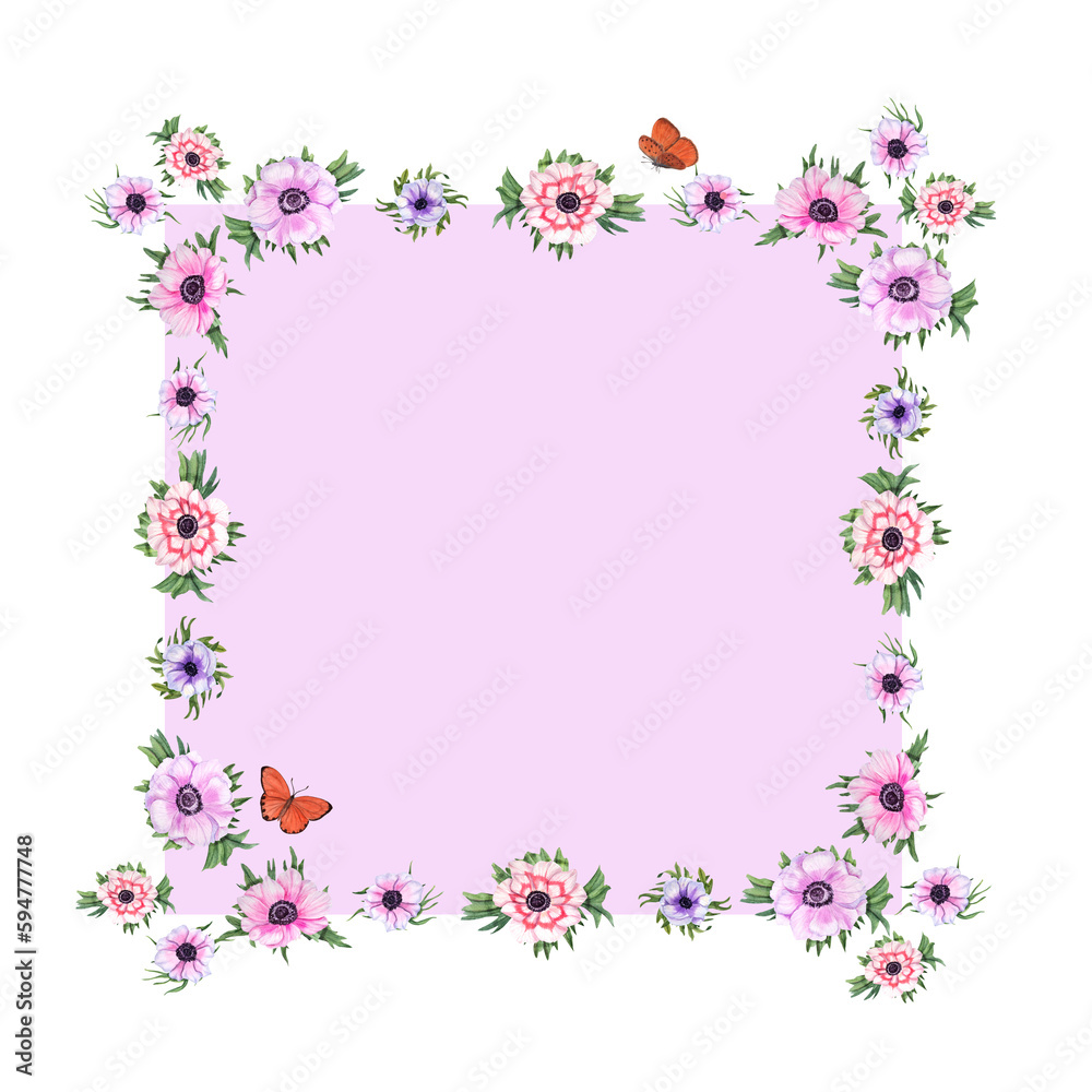 Watercolor birthday square frame with anemones, butterflies isolated on white background . Illustration for greeting, birthday card design, invitation template, prints, party decoration