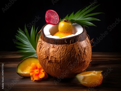 Island Vibes: Sipping on a Tropical Fruit Cocktail Served in a Coconut | Generative AI