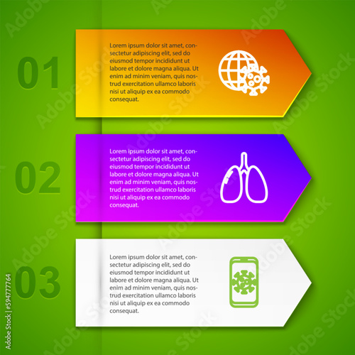 Set line Earth globe with virus, Lungs, Virus statistics on mobile and Corona location. Business infographic template. Vector