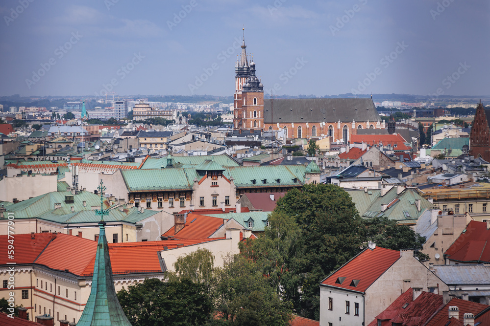 Aerial view from Wawel Cathedral with St Mary Basilica in Krakow city, Poland