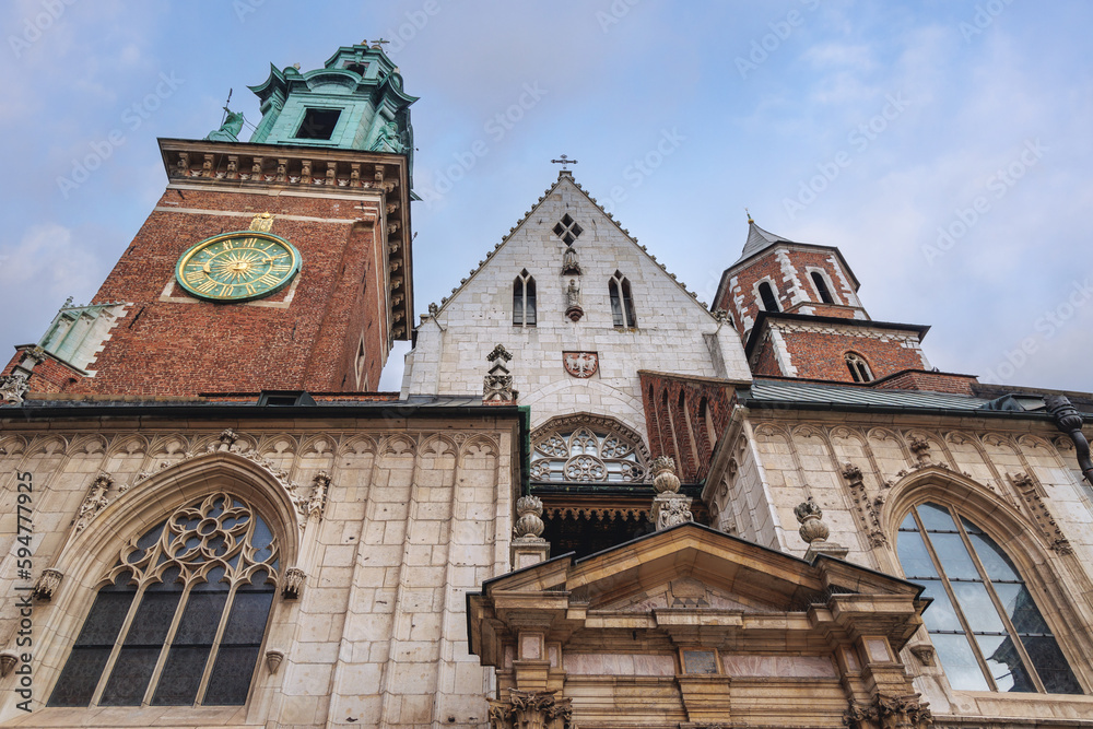 Clock tower of Cathedral of Wawel Castle in Krakow, Poland