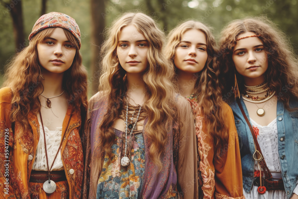 Portrait of a group of young beautiful women, dressed in the hippi clothes, Generative ai Portrait of a group of young beautiful women, dressed in the hippi clothes, Generative ai