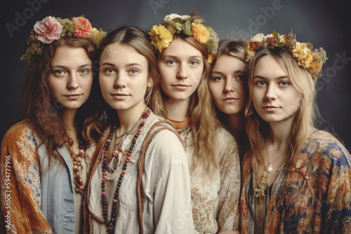 Portrait of a group of young beautiful women, dressed in the hippi clothes, Generative ai
