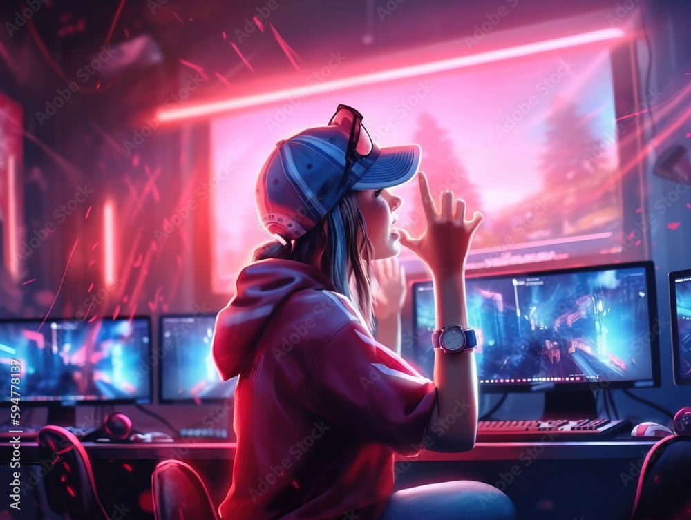 Professional eSports gamer rejoices in the victory in red blue illuminated game room. Postproducted generative AI digital illustration. Professional eSports gamer rejoices in the victory in red blue illuminated game room. Postproducted generative AI digital illustration.