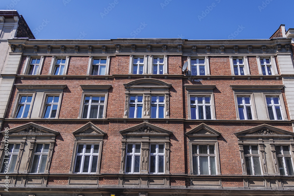 Facade of old tenement house in Katowice, Poland