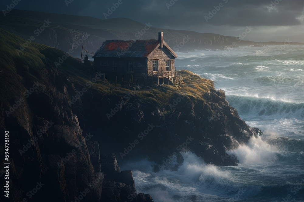 Old fisherman house on a coastal rocky cliffs created with Generative AI technology.