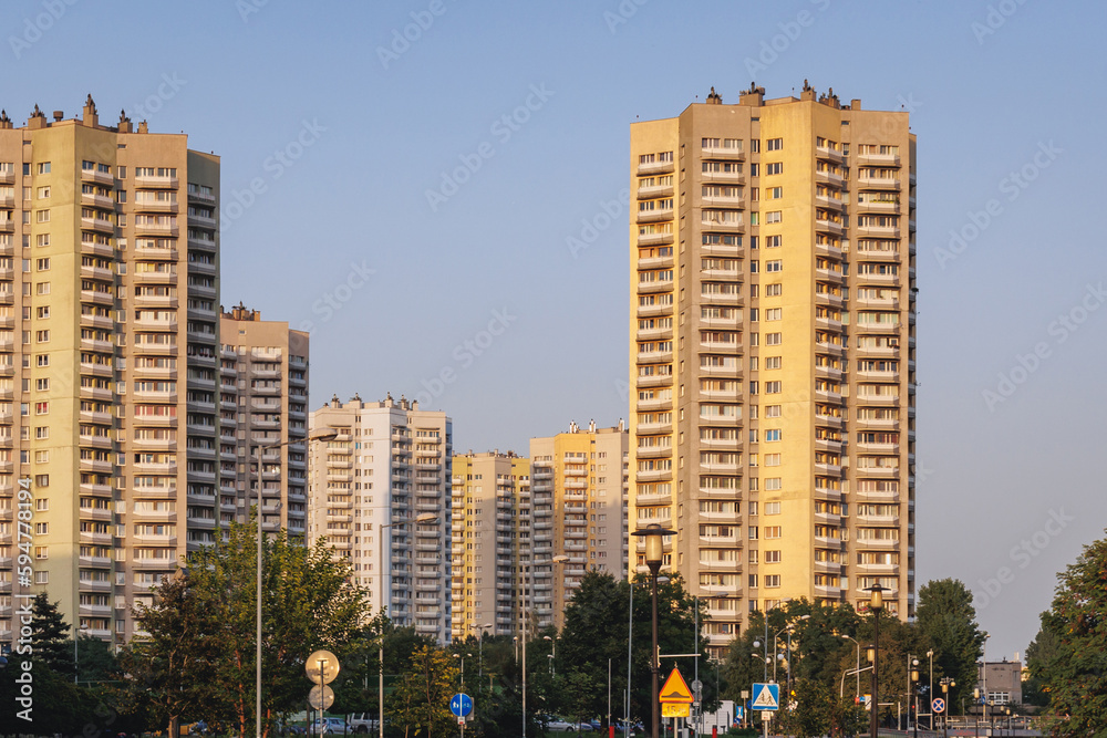 Rawa river and residential buildings called The Stars in Katowice, Poland