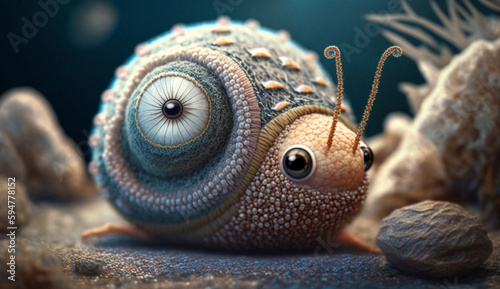 Cute felted shell snail on the sea night sandy bottom. Knitted toy made of expensive textiles. Character for children's stories and fairy tales. Created with AI. © Ренат Хисматулин