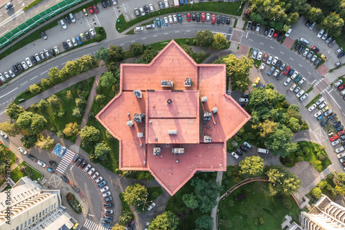 High angle view of one of so called The Stars residential blocks in Katowice, Poland