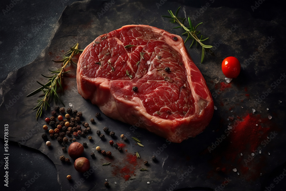 Raw rib eye steak with spices and rosemary on a black background. Generative AI