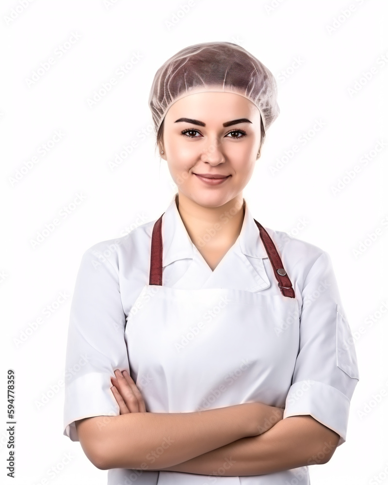 Female butcher posing confidently in traditional work attire on a white background. Female butcher posing confidently in traditional work attire on a white background.