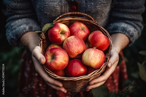 Woman holding a basket of fresh apples in her hands. Selective focus. Generative AI
