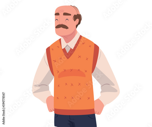 Happy Senior Man with Moustache Standing and Smiling Vector Illustration