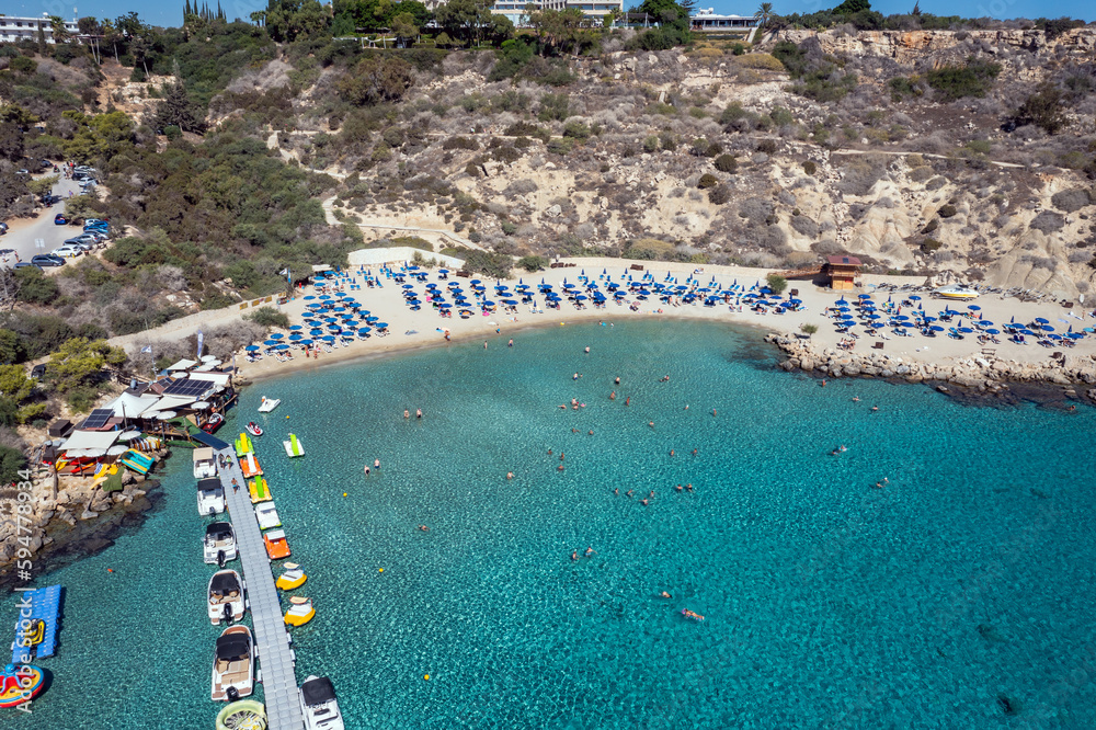 Drone photo of Konnos Beach and Bay in Cape Greco National Park, Cyprus