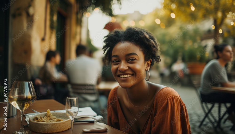 Young women enjoying food and drinks outdoors generated by AI