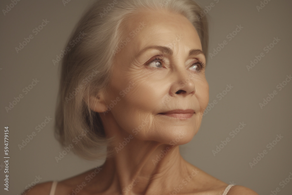 portrait of beautiful old woman with gray hair on beige background, created with Generative AI Technology portrait of beautiful old woman with gray hair on beige background, created with Generative AI Technology