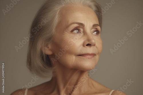 portrait of beautiful old woman with gray hair on beige background, created with Generative AI Technology