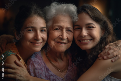 Portrait of a Mexican family, mother, daughter and grandmother, dramatic light, created with Generative AI Technology