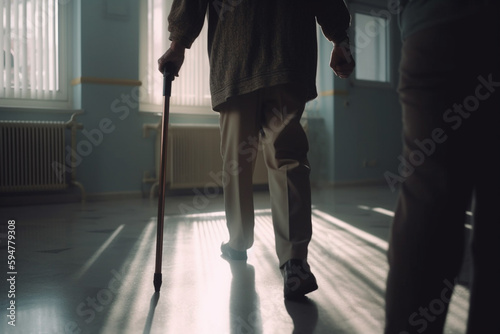 elderly man with cane walks toward the light, doors from the clinic, created with Generative AI Technology