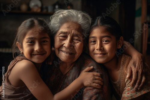 Portrait of a Mexican family, mother, daughter and grandmother, dramatic light, created with Generative AI Technology