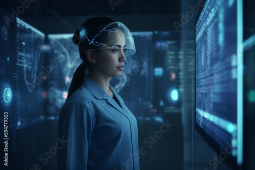 concept of developer and administrator specialist IT company in the server room with abstract information on foreground, created with Generative AI Technology