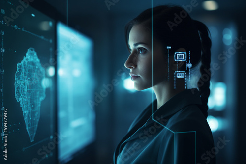 concept of developer and administrator specialist IT company in the server room with abstract information on foreground, created with Generative AI Technology