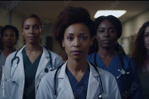 group of medical staff, doctors or nurses in the clinic corridor, dramatic light, serious facial expressions, created with Generative AI Technology