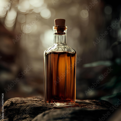 product shot of a vintage whiskey bottle standing on a rock in the forest, no labels, no text, no brand name