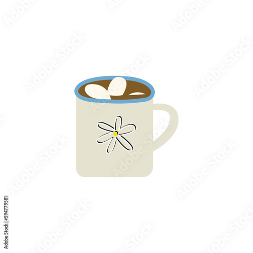 Cup of hot chocolate with marshmallows on white background. Isolated vector illustration.