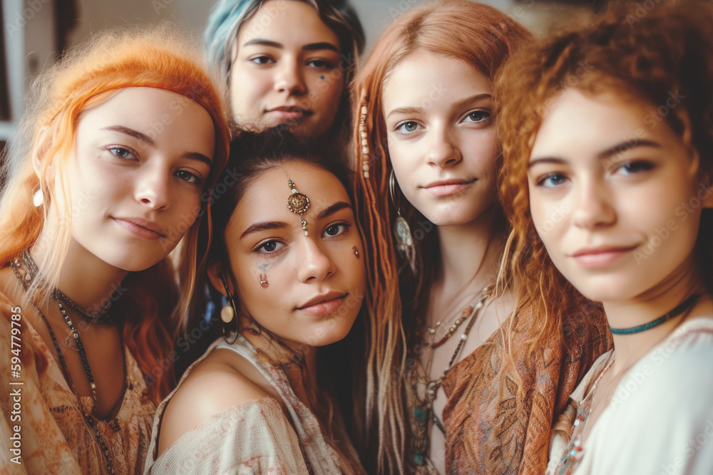 Obraz premium Portrait of a group of diverse young beautiful women, Generative ai