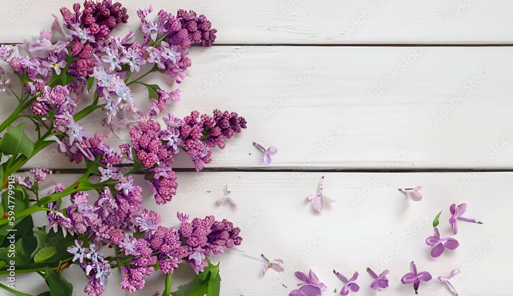Fototapeta premium romantic floral composition with loosely arranged lilac flowers on a rustic white wooden background with free copy space in the middle for Mother's Day, Valentine's Day, Wedding or Birthday