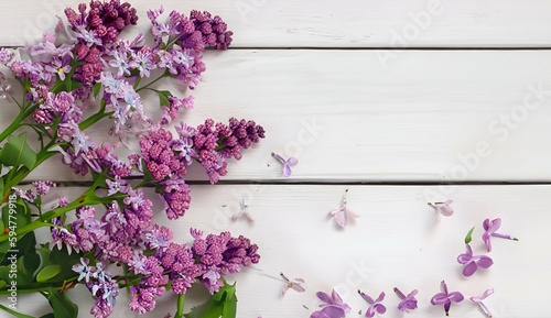 romantic floral composition with loosely arranged lilac flowers on a rustic white wooden background with free copy space in the middle for Mother's Day, Valentine's Day, Wedding or Birthday