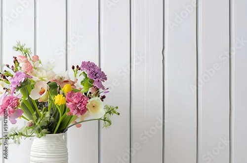 spring flower assortment in white vase in front of white wooden boarded wall, copy space, pastel colors, mother's day, valentines day, wedding, birthday