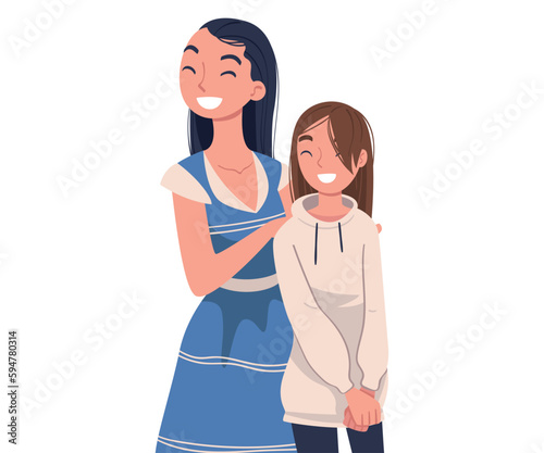 Happy Smiling Woman with Daughter Standing Together Vector Illustration