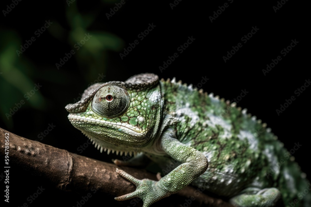 Fototapeta premium cute funny chameleon - Chamaeleo calyptratus on a branch forest background,generative ai.