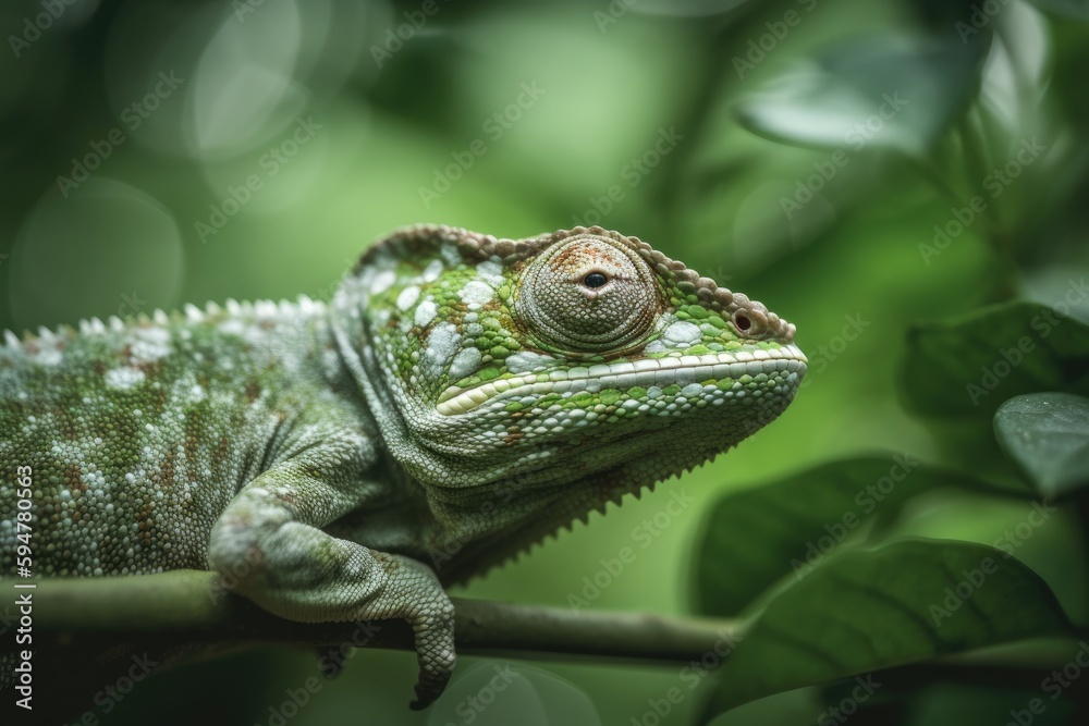 Obraz premium cute funny chameleon - Chamaeleo calyptratus on a branch forest background,generative ai.