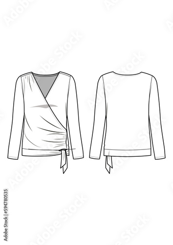 Womenswear long sleeve fashion top faux wrap and tie detail technical drawing / flat sketch /CAD / ADOBE Illustrator vector digital download