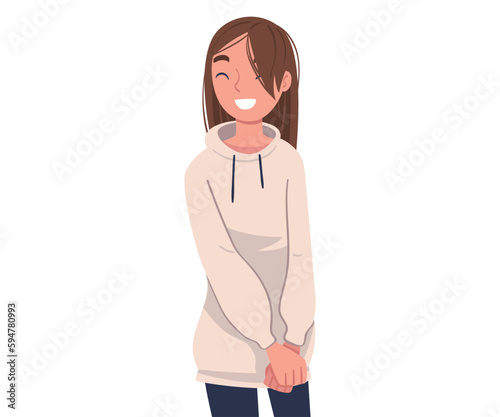 Happy Girl in Hoody Standing and Smiling Vector Illustration