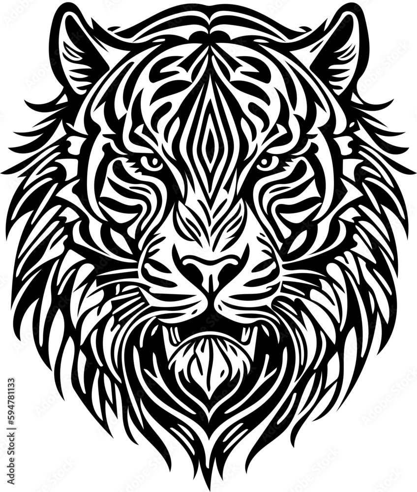 Aggressive tiger head tribal logo design in black and white, vector illustration of a predator Aggressive tiger head tribal logo design in black and white, vector illustration of a predator
